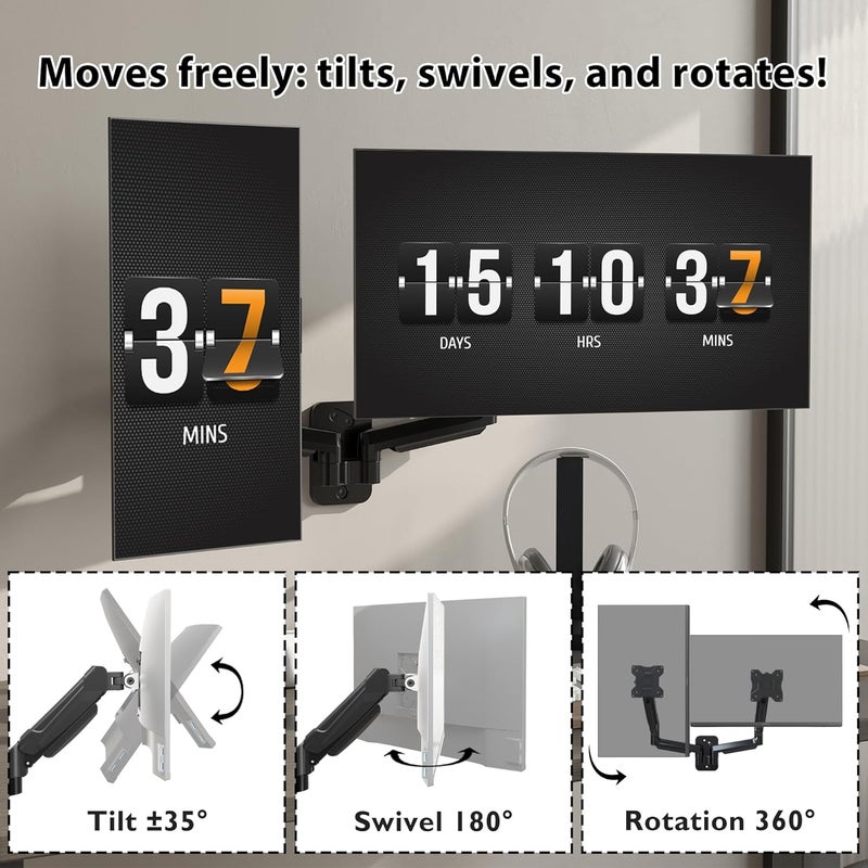 BONTEC Dual Monitor Wall Mount for 13-32 Inch Screens, Height Adjustable Gas Spring Arm with Tilt, Swivel & Rotate, Hold Up to 19.8 lbs, Fully Adjustable, Office & Home Use, VESA 75x75/100x100 - Image 3